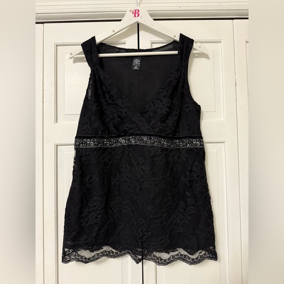 Y2K New York & Co. Black Lace Velvet Embellished Babydoll Top Vamp Goth Med - Picture 1 of 8